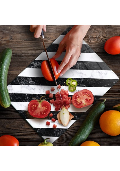Cam Kesme Tahtası ve Sunumluk Çarpraz Siyah Beyaz Mermer Desenli 30X40 cm fırsatları