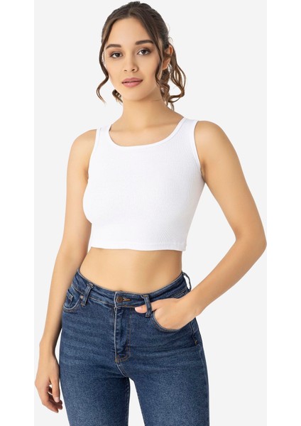 Kadın Pamuklu Fitilli Halter Yaka Kalın Askılı Crop Beyaz