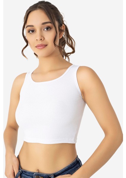Kadın Pamuklu Fitilli Halter Yaka Kalın Askılı Crop Beyaz
