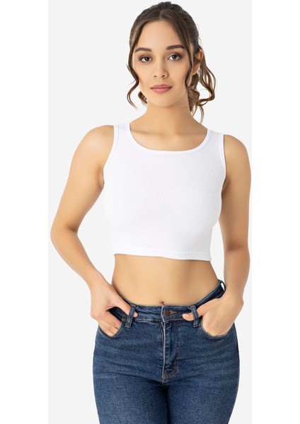 Kadın Pamuklu Fitilli Halter Yaka Kalın Askılı Crop Beyaz