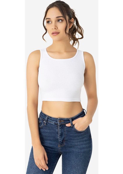 Kadın Pamuklu Fitilli Halter Yaka Kalın Askılı Crop Beyaz