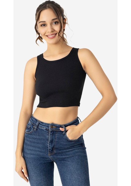 Kadın Pamuklu Fitilli Halter Yaka Kalın Askılı Crop Siyah