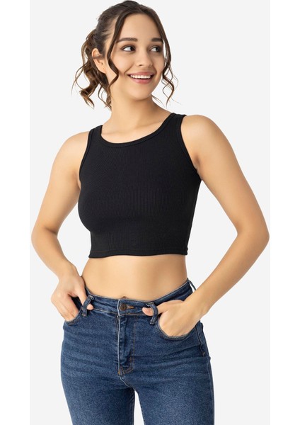 Kadın Pamuklu Fitilli Halter Yaka Kalın Askılı Crop Siyah