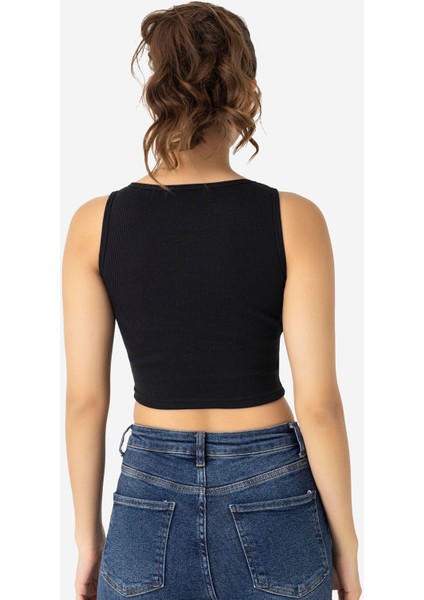 Kadın Pamuklu Fitilli Halter Yaka Kalın Askılı Crop Siyah