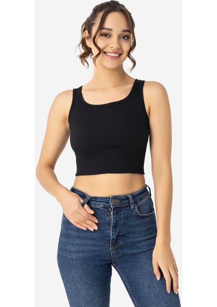 Kadın Pamuklu Kaşkorse Bisiklet Yaka Kalın Askılı Crop Siyah