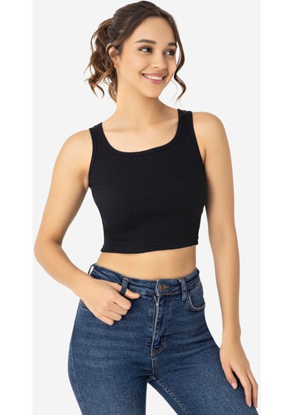 Kadın Pamuklu Kaşkorse Bisiklet Yaka Kalın Askılı Crop Siyah