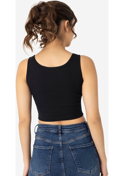 Kadın Pamuklu Kaşkorse Bisiklet Yaka Kalın Askılı Crop Siyah