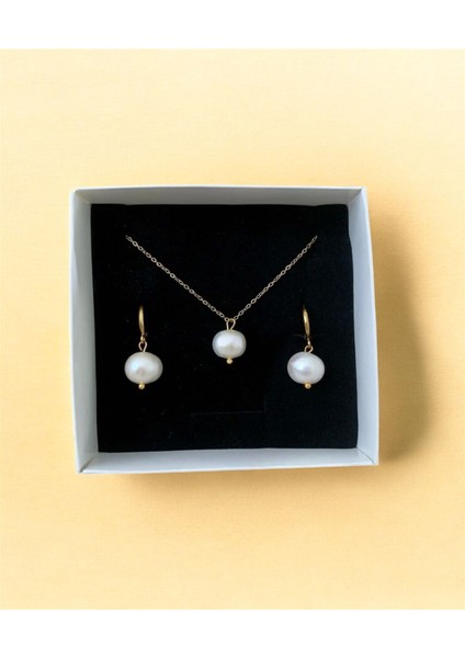 Sertifikalı Gerçek 10 mm Büyük Inci Kolye Küpe Set Çelik Zincir