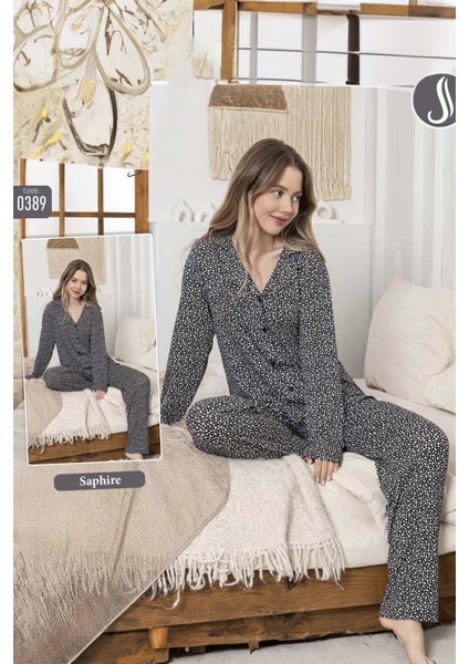 Kadın Benek Desen Düğmeli Saphire Pijama Takımı 0389 Siyah fiyatları