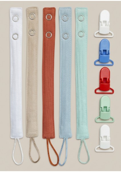 5'li Yıkanabilir Renkli Emzik Askısı Emzik Zinciri Pamuk (5 Askı 5 Klips)