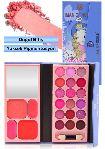 Cüzdan Şekilli 2 Katlı Far ve Allık Paleti Mavi Renk