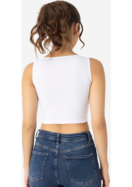 Kadın Pamuklu Fitilli Halter Yaka Kalın Askılı Crop Beyaz Siyah 2'li Paket