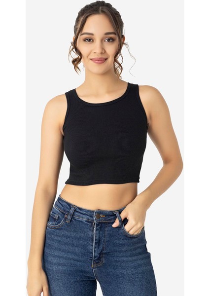 Kadın Pamuklu Fitilli Halter Yaka Kalın Askılı Crop Beyaz Siyah 2'li Paket