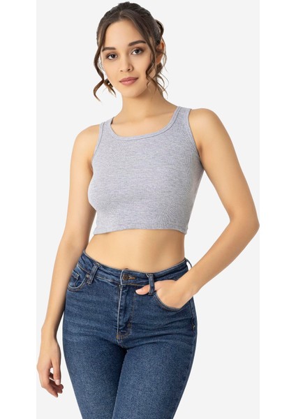 Kadın Pamuklu Kaşkorse Bisiklet Yaka Kalın Askılı Crop Gri