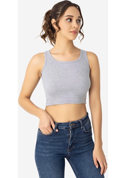 Kadın Pamuklu Kaşkorse Bisiklet Yaka Kalın Askılı Crop Gri