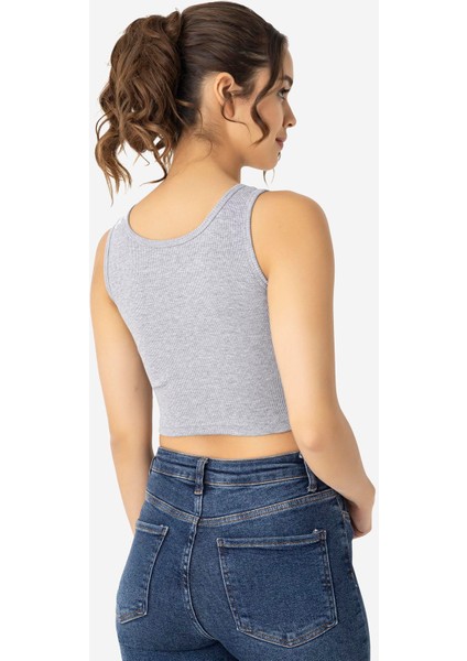 Kadın Pamuklu Kaşkorse Bisiklet Yaka Kalın Askılı Crop Gri