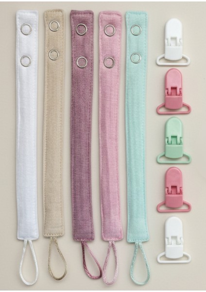 5'li Yıkanabilir Renkli Emzik Askısı Emzik Zinciri Pamuk (5 Askı 5 Klips)