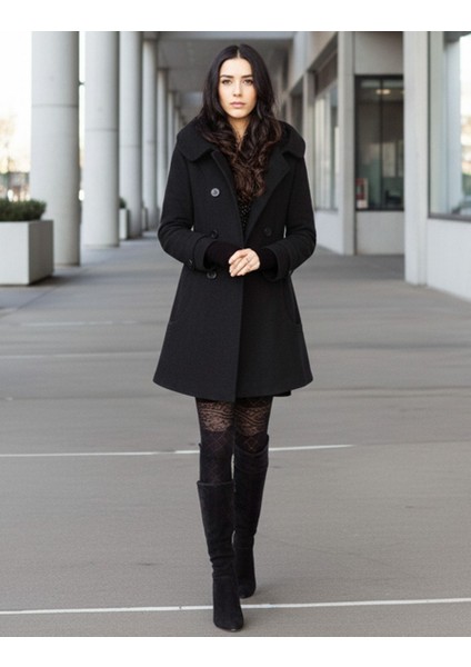 Büyük Düğmeli Yaka Detaylı Siyah Kaşe Kaban fiyatları