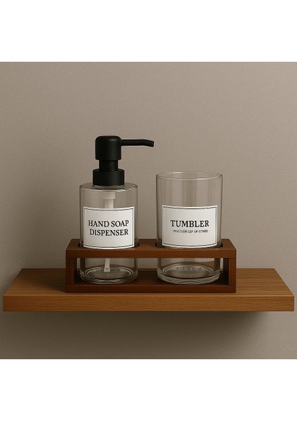 Akasya Standlı Cam Sabunluk Seti – Modern Şeffaf Dispenser ve Diş Fırçalık (2’li Banyo Seti)