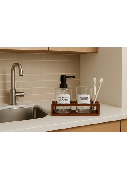 Akasya Standlı Cam Sabunluk Seti – Modern Şeffaf Dispenser ve Diş Fırçalık (2’li Banyo Seti) modelleri