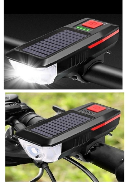 Solar Ledli Bisiklet Feneri Kornalı USB ile Şarj Edilebilir Su Geçirmez Far