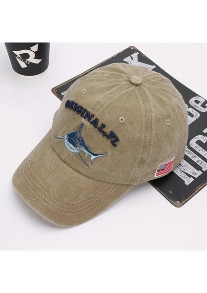 Köpekbalığı Nakışlı Vintage Yıkamalı Şapka