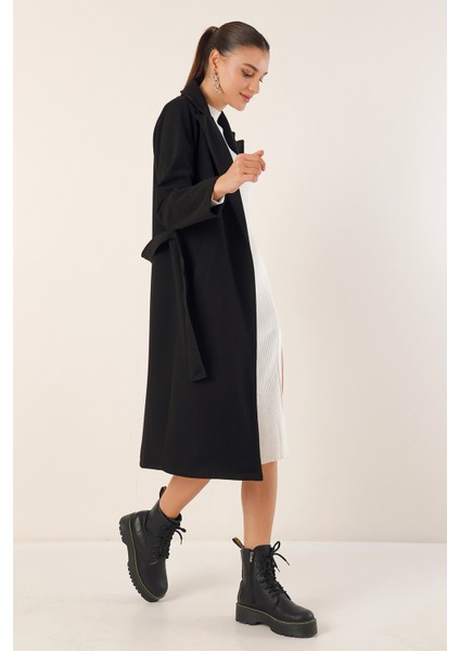 9118 Kruvaze Yaka Kaşe Kaban - Siyah fırsatları