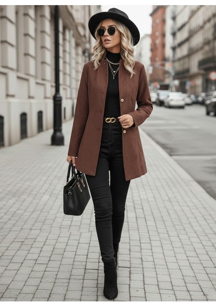 Şık Kahverengi Tasarım Yaka Kaşe Kaban