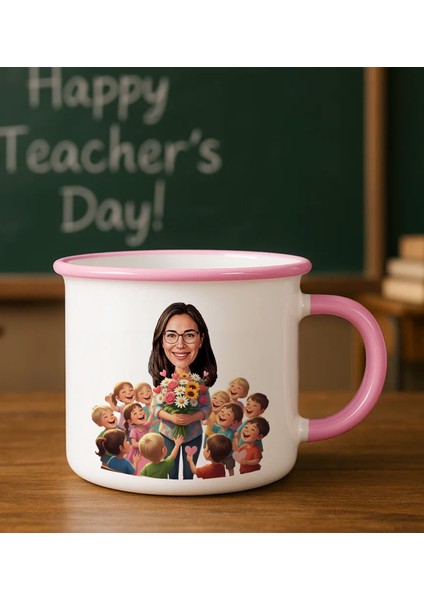 Kişiye Özel Öğretmen Karikatürlü Pembe Enamel Kupa Bardak -3, Öğretmene Hediye, Öğretmenler Günü Hediyesi