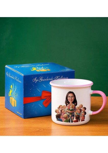 Kişiye Özel Öğretmen Karikatürlü Pembe Enamel Kupa Bardak -3, Öğretmene Hediye, Öğretmenler Günü Hediyesi fiyatları