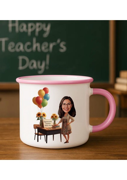 Kişiye Özel Öğretmen Karikatürlü Pembe Enamel Kupa Bardak -2, Öğretmene Hediye, Öğretmenler Günü Hediyesi
