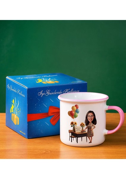 Kişiye Özel Öğretmen Karikatürlü Pembe Enamel Kupa Bardak -2, Öğretmene Hediye, Öğretmenler Günü Hediyesi fiyatları