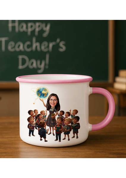 Kişiye Özel Öğretmen Karikatürlü Pembe Enamel Kupa Bardak -1, Öğretmene Hediye, Öğretmenler Günü Hediyesi
