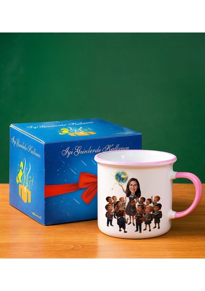Kişiye Özel Öğretmen Karikatürlü Pembe Enamel Kupa Bardak -1, Öğretmene Hediye, Öğretmenler Günü Hediyesi fiyatları