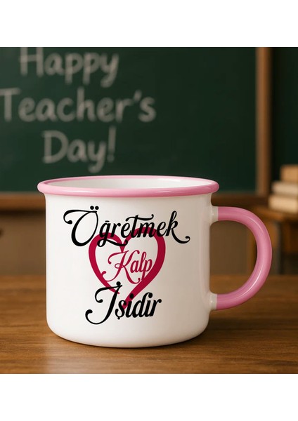 Öğretmen Tasarımlı Pembe Enamel Kupa Bardak -1, Öğretmene Hediye, Öğretmenler Günü Hediyesi