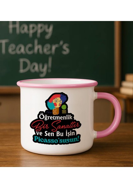 Öğretmen Tasarımlı Pembe Enamel Kupa Bardak -2, Öğretmene Hediye, Öğretmenler Günü Hediyesi