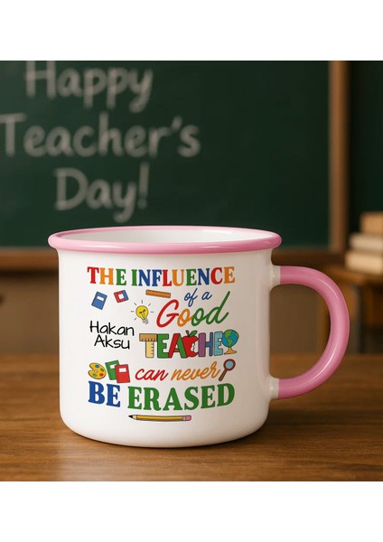 Kişiye Özel Öğretmen Tasarımlı Pembe Enamel Kupa Bardak -4, Öğretmene Hediye, Öğretmenler Günü Hediyesi