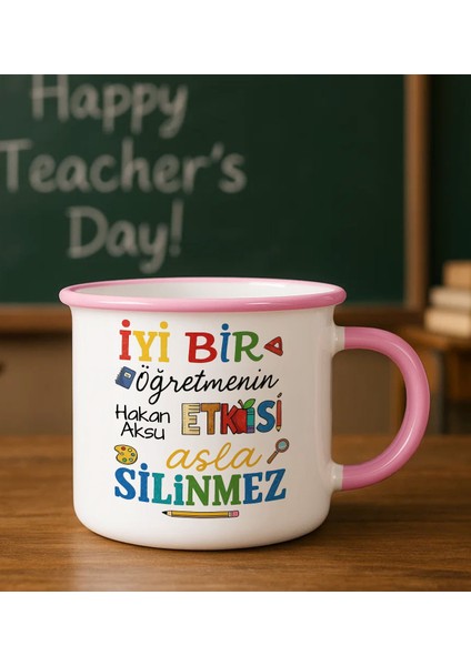Kişiye Özel Öğretmen Tasarımlı Pembe Enamel Kupa Bardak -3, Öğretmene Hediye, Öğretmenler Günü Hediyesi