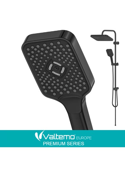 | Valtemo Mat Siyah Yağmurlama Tepe Duş Seti - Büyük Boy, Kolay Kireç Temizleme