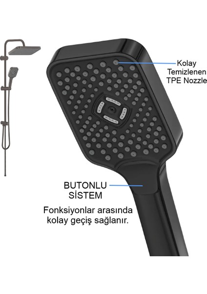 | Valtemo Mat Siyah Yağmurlama Tepe Duş Seti - Büyük Boy, Kolay Kireç Temizleme indirimleri