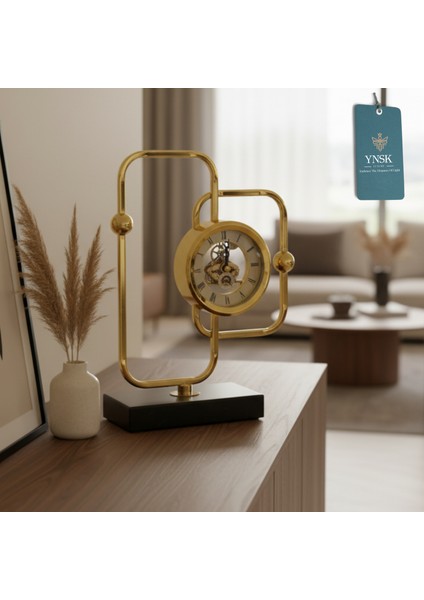 Altın Renk Dekoratif Masa Saati – Siyah Mermer Tabanlı Metal, 30X21 cm