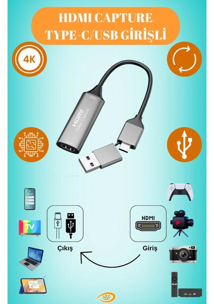 4K 30Hz HDMI Video Capture Card USB 3.0 ve Type-C Görüntü Yakalama Kartı