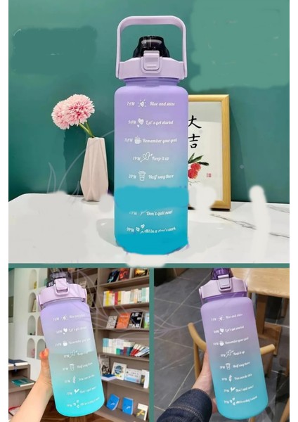 Mor Lüks Matara Suluk - Sızdırmaz Koku Yapmaz Kulplu Pipetli Sporcu Motivasyonel Suluk Matara