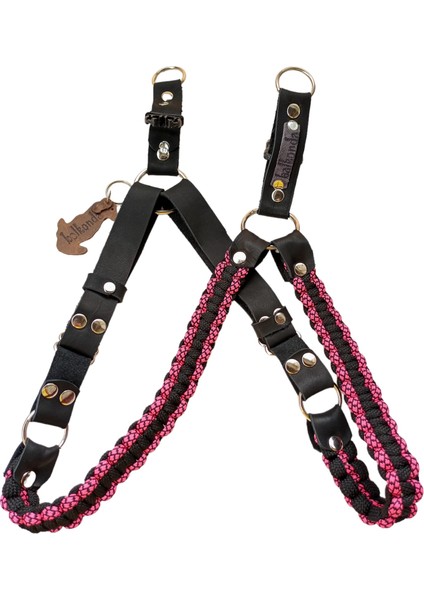 Köpek Göğüs Tasması Orta ve Büyük Irk Ayarlamalı Paracord Örgü ve Deri Pembe ve Siyah