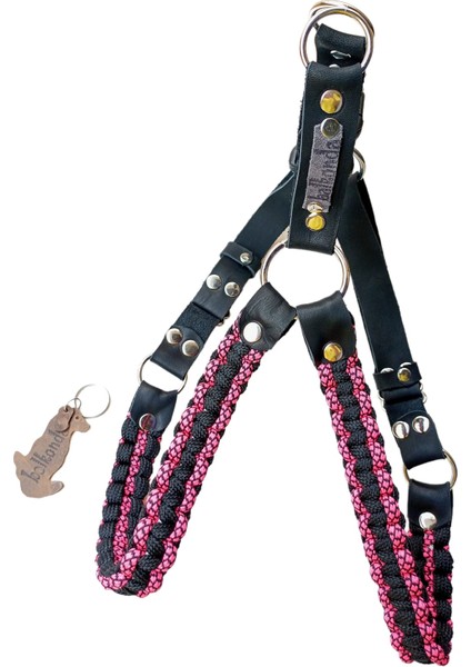 Köpek Göğüs Tasması Orta ve Büyük Irk Ayarlamalı Paracord Örgü ve Deri Pembe ve Siyah modelleri