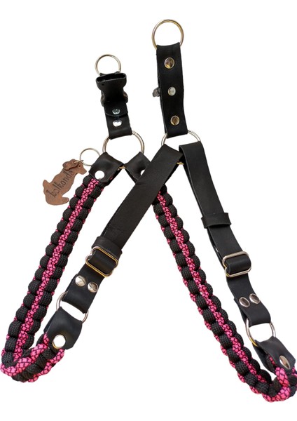 Köpek Göğüs Tasması Orta ve Büyük Irk Ayarlamalı Paracord Örgü ve Deri Pembe ve Siyah indirimleri