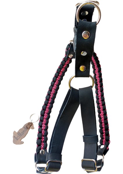 Köpek Göğüs Tasması Orta ve Büyük Irk Ayarlamalı Paracord Örgü ve Deri Pembe ve Siyah