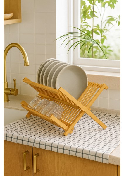 Bambu Tezgah Üstü Organizer – 43x34 cm Doğal Bulaşıklık ve Mutfak Düzenleyici