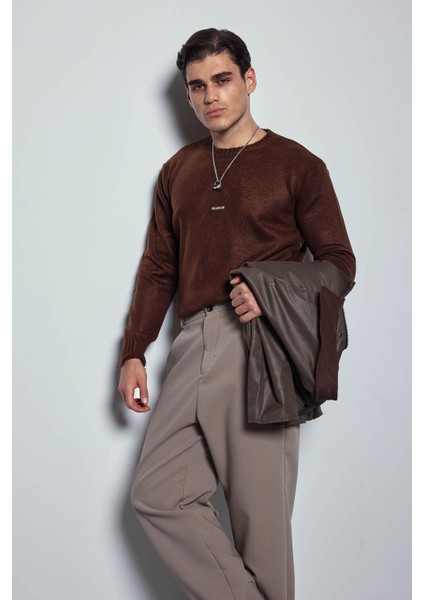 Erkek Regular Fit Bisiklet Yaka Kazak Kahve