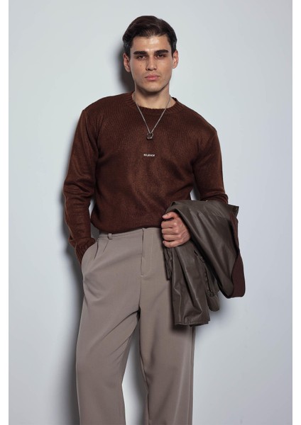 Erkek Regular Fit Bisiklet Yaka Kazak Kahve